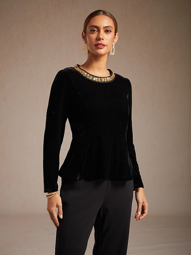 Women's Velvet Blouse Beaded Elegant Crew Neck Regular Tops