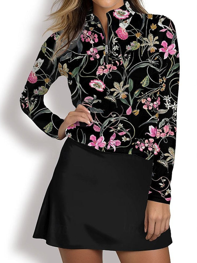 Women's Golf Polo Shirt Black Long Sleeve Sun Protection
