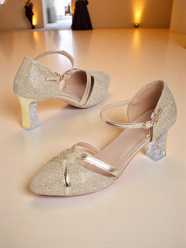 Strap Heel Gold Pumps Ankle Women's Block - Glitter Elegant