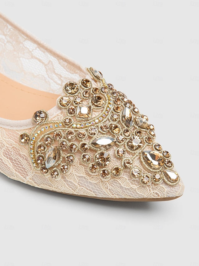 Women's Lace Ballet Elegant Flats with Ornate Beige