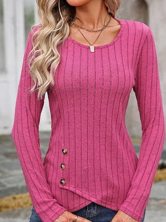 Women's T Shirt Buttons Solid Color Casual Long Sleeve Crew