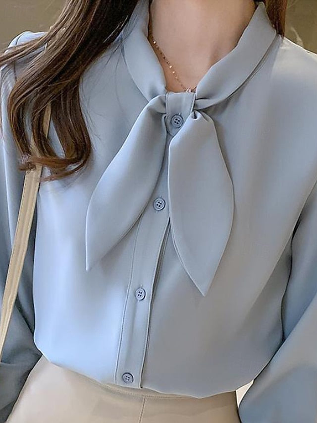 Women's Shirt Elegant Satin Top Blouse Bow Plain Stylish