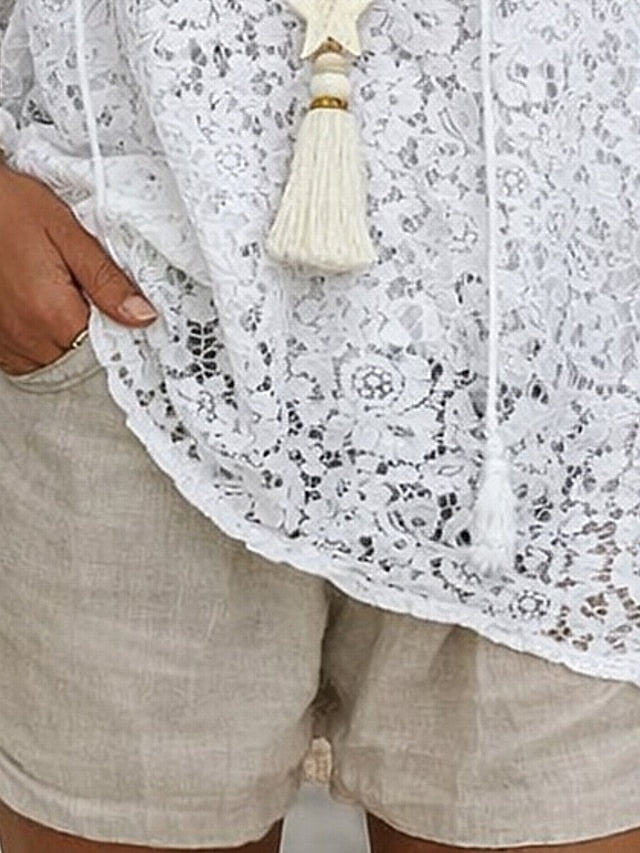 Women's Blouse Lace Solid Color Stylish Casual Long Sleeve