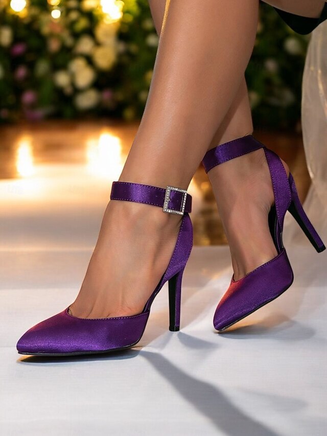 – Strap Purple Satin Ankle Heels Pointed Toe Women's