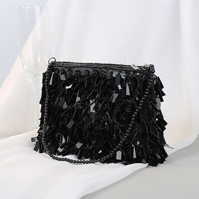 Black Clutch Luxurious and with Crystal Fringe Evening Sparkling
