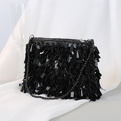 Black Clutch Luxurious and with Crystal Fringe Evening Sparkling