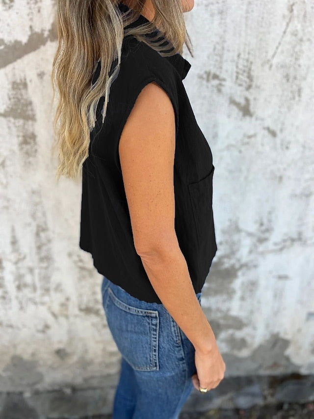 Women's Tank Top Sleeveless Shirt Pocket Buttons Plain