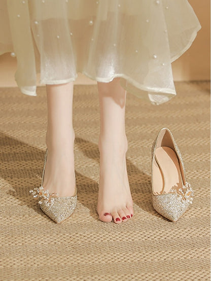 Women's Floral Heels Stiletto Silver with Glitter