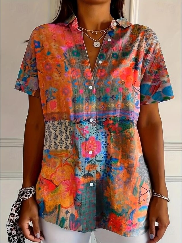 Women's Shirt Long Sleeve Button Down Blouse Floral Graphic