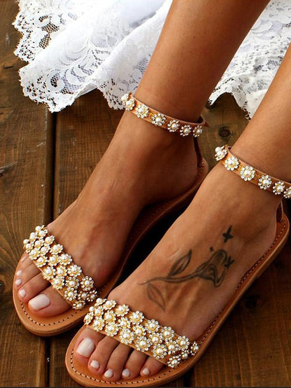 Straps Floral Ankle Flat Boho for Sandals Beaded with Chic