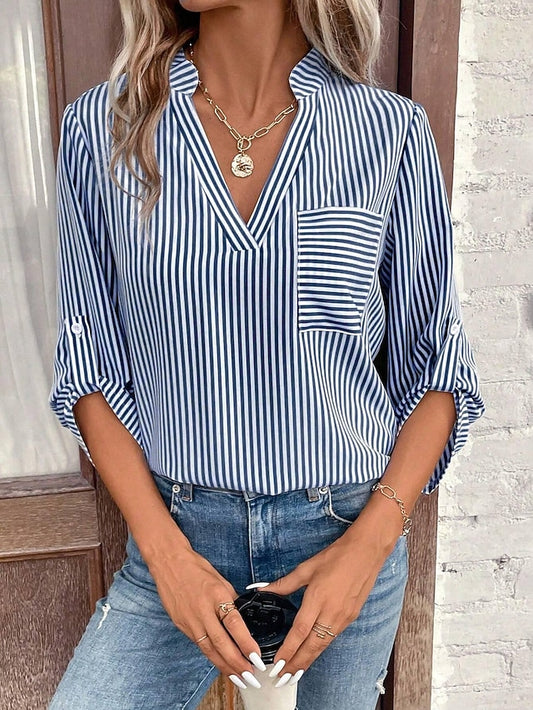 Women's Shirt Blouse Casual Striped Pocket Print Long