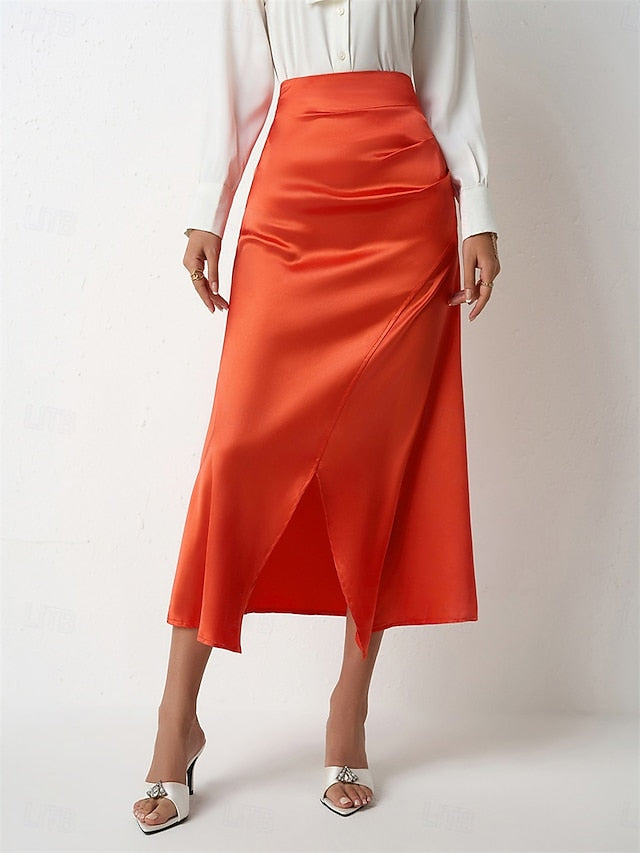 Women's Satin Skirts Elegant Vintage Fashion Casual Midi