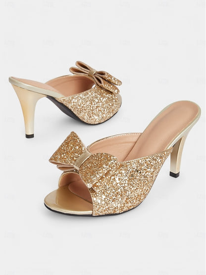 Mules Stiletto Party Gold Glitter Bow – Women's Glamorous