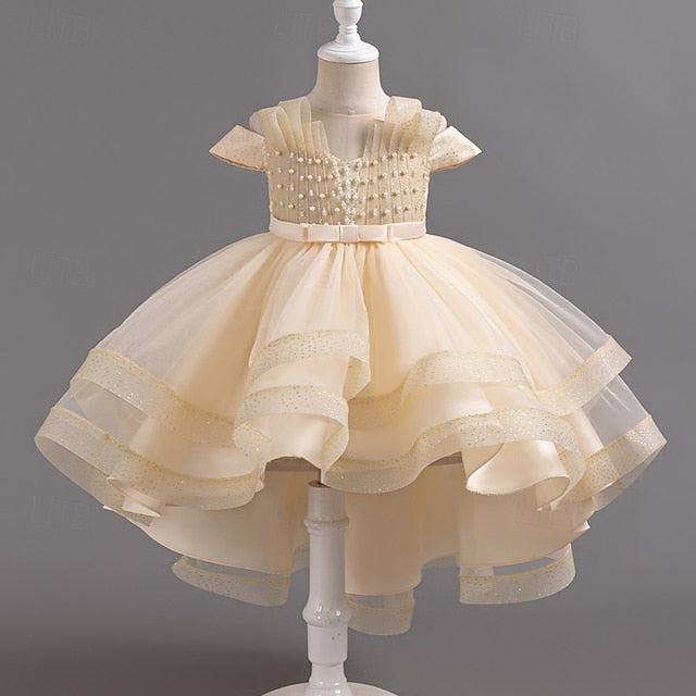 Wedding Solid Short Dress Kids Color Sleeve Girls' Party