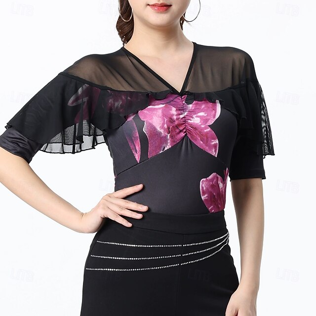 Latin Dance Top Printing Splicing Tulle Women's Performance