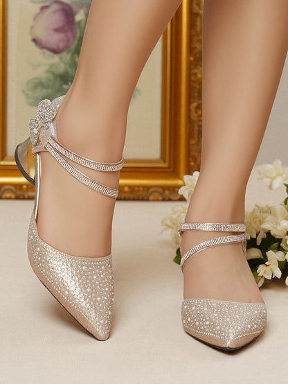 Toe Pointed Low Strap Women's Heel Ankle Rhinestone Glitter