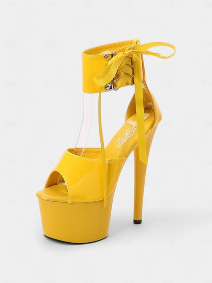 Straps Black Patent Leather Lace-Up Sandals Ankle Platform with