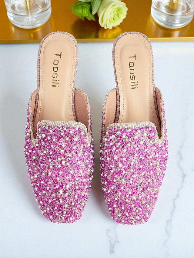 - Women's Pearl and Pink Rhinestone Mules Embellished
