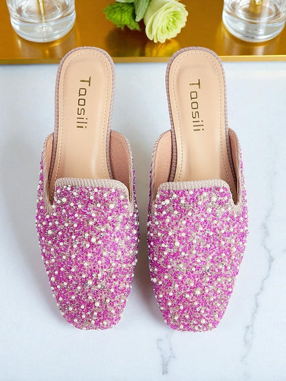 - Women's Pearl and Pink Rhinestone Mules Embellished