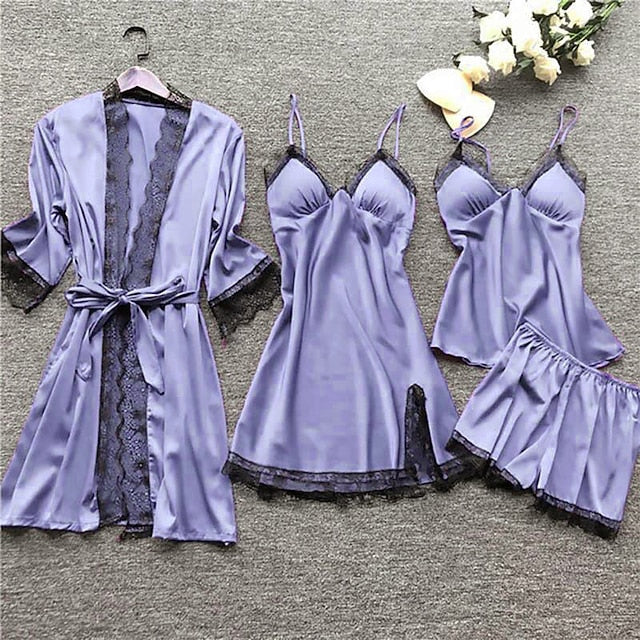 Women's Lace Satin Silk Pajamas Sets 4 Pcs Home Party Daily