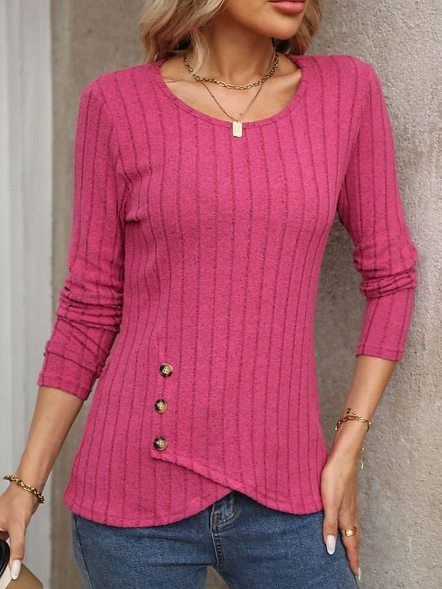 Women's T Shirt Buttons Solid Color Casual Long Sleeve Crew