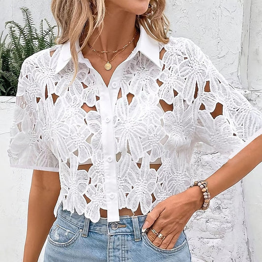 Women's Summer Shirt Casual Shirt Blouse Eyelet Cut Out
