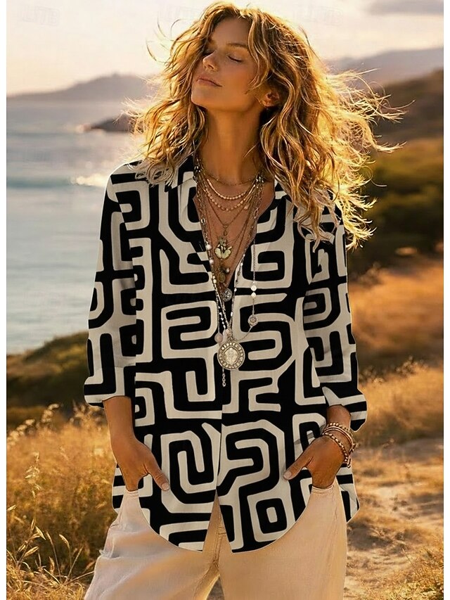 Women's Geometric Print Lapel Button Down Shirt Long Sleeve