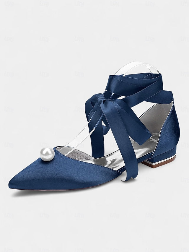 Satin Toe Embellished Pearl - Flats Pointed Women's Navy