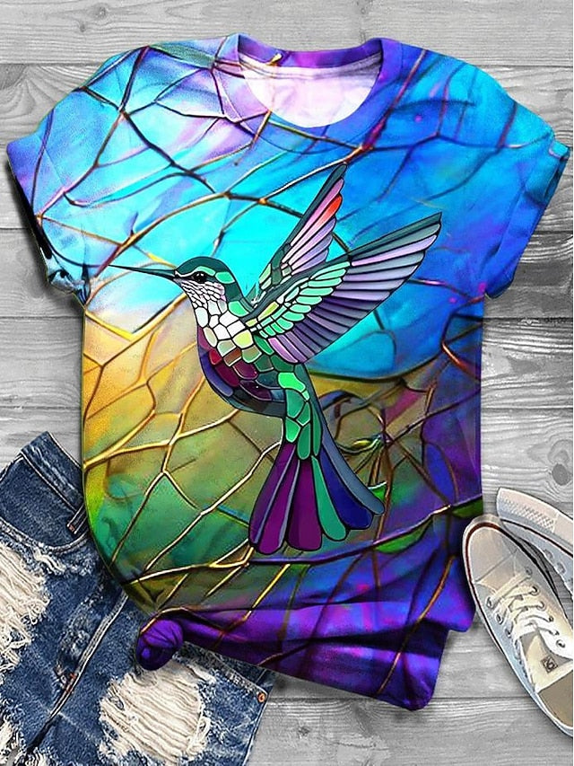 Women's T shirt Round Neck Stained Glass Hummingbird Print