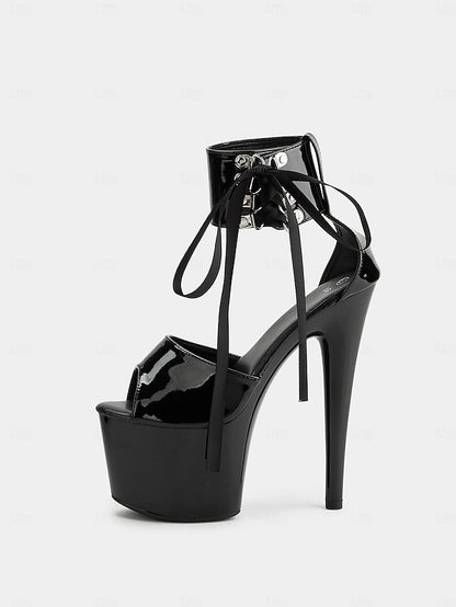 Straps Black Patent Leather Lace-Up Sandals Ankle Platform with