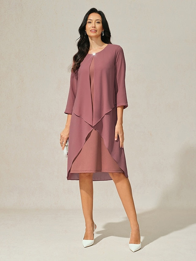 Women's Evening Dress Cape Sleeve Knee-Length Elegant Green
