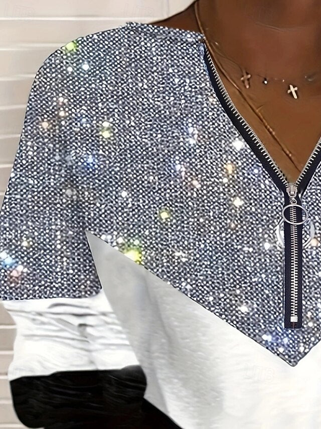 Women's Blouse Sequins Quarter Zip Color Block Elegant