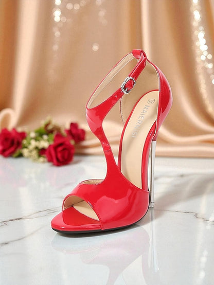 Women's Heels - Leather Strappy Open Red Stiletto Patent