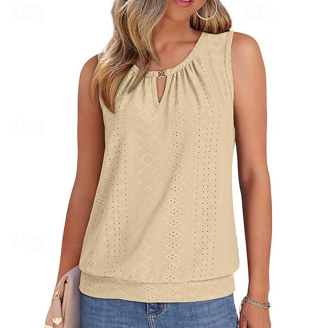 Women's Tank Top Sleeveless Shirt Tee Top Eyelet Solid