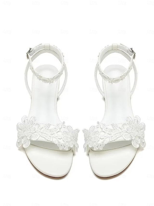 Open-Toe Flats Sandals Block with Straps Floral Lace White Ankle