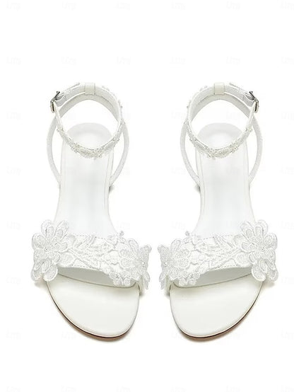 Ankle Flats with Floral Lace Sandals Block Open-Toe White Straps