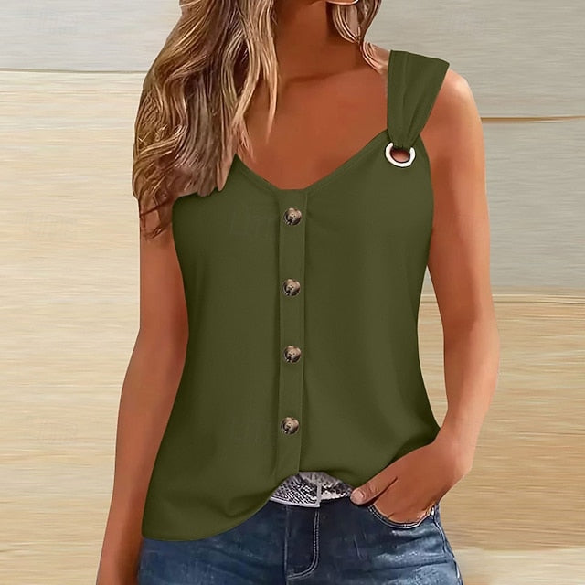 Women's T Shirt Buttons Plain Classic Casual Sleeveless V