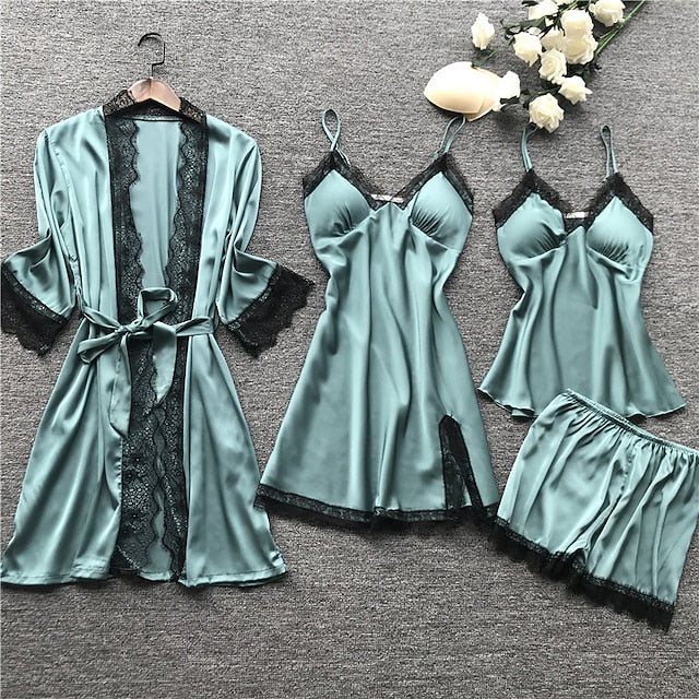 Women's Lace Satin Silk Pajamas Sets 4 Pcs Home Party Daily