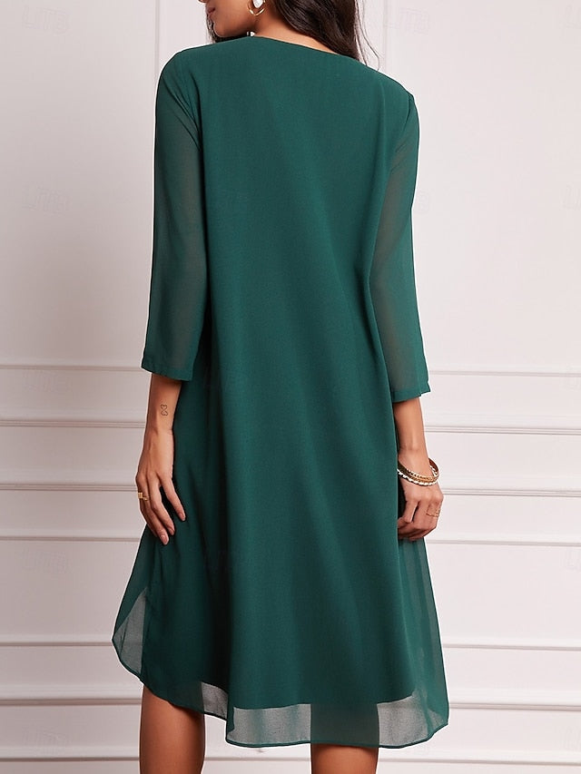 Women's Evening Dress Cape Sleeve Knee-Length Elegant Green