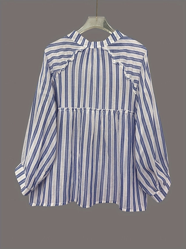 Women's Blouse Buttons Print Striped Stylish Casual Long