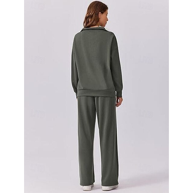 Women's Pants Sets Long Sleeve V Neck Solid Color