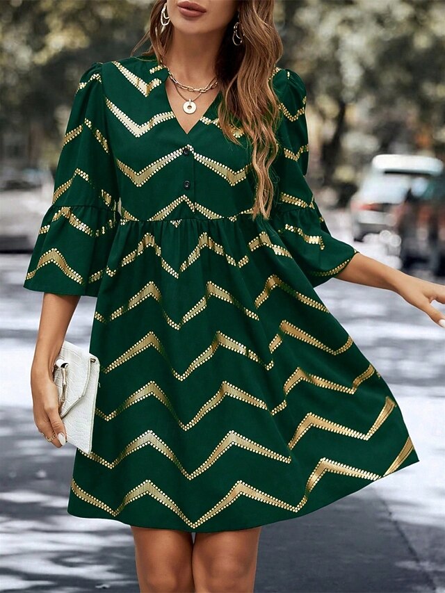 Women's Geometric Notched Neck Mini Dress 3/4 Length Sleeve