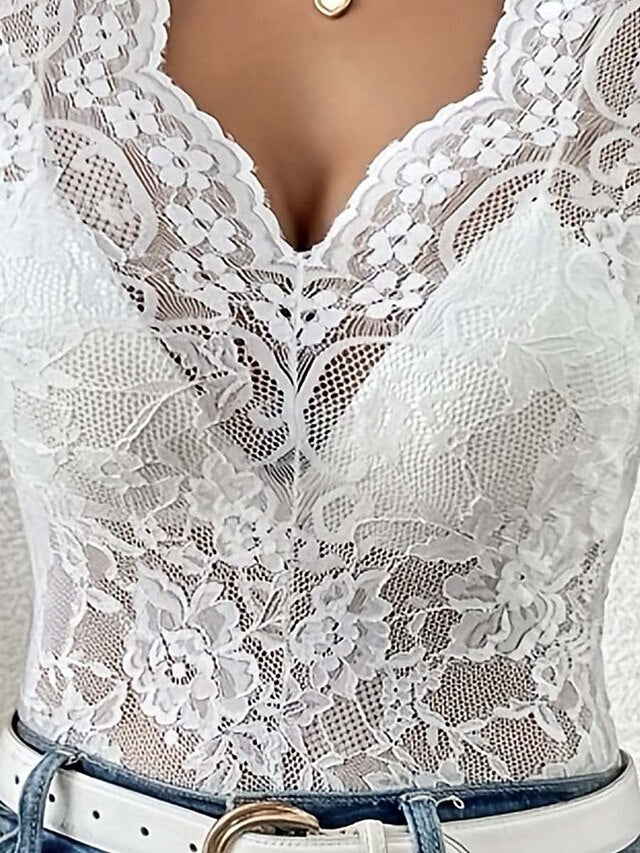 Women's Lace Splicing Top Lace Sexy Long Sleeve V Neck