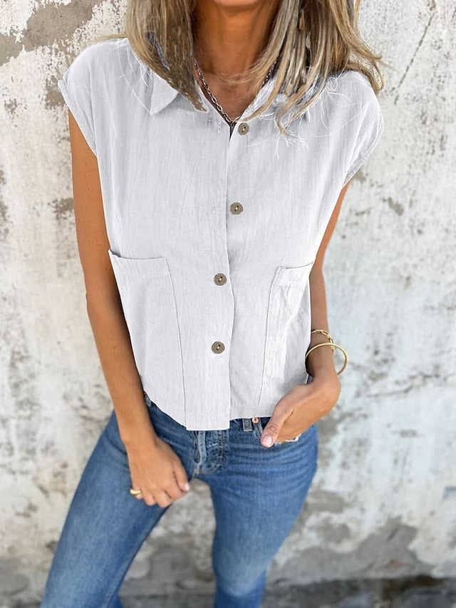 Women's Tank Top Sleeveless Shirt Pocket Buttons Plain