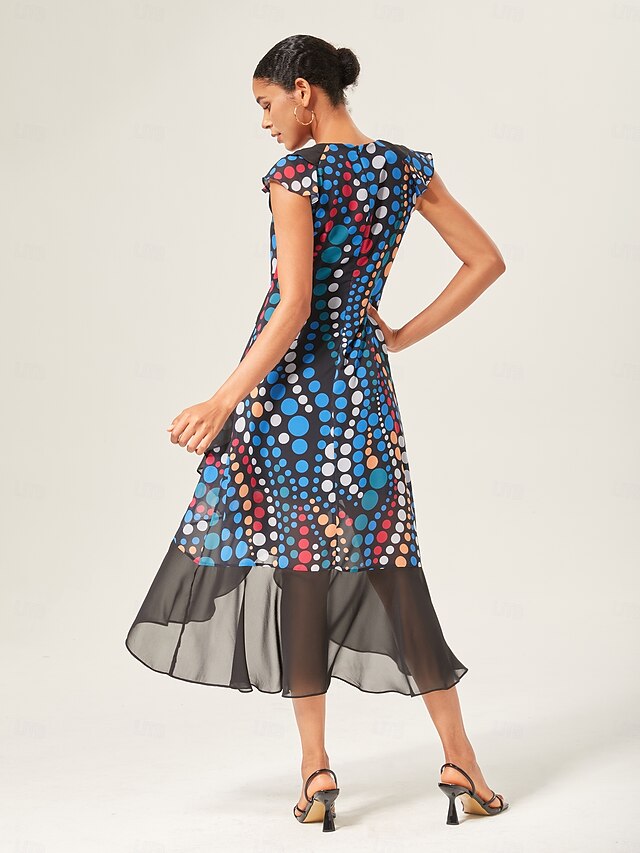 Colorblock Polka Dot Chiffon Ruffle Maxi Dress