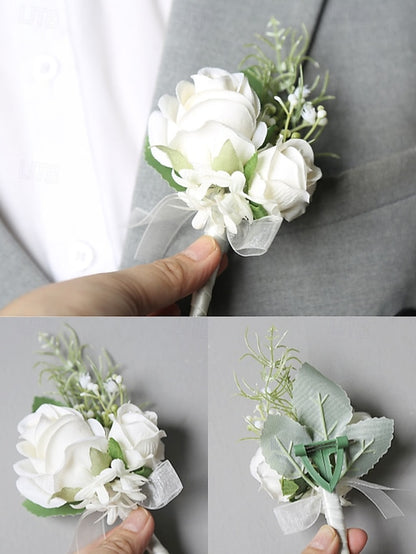Set Corsage and Boutonniere – Wrist Elegant White Rose