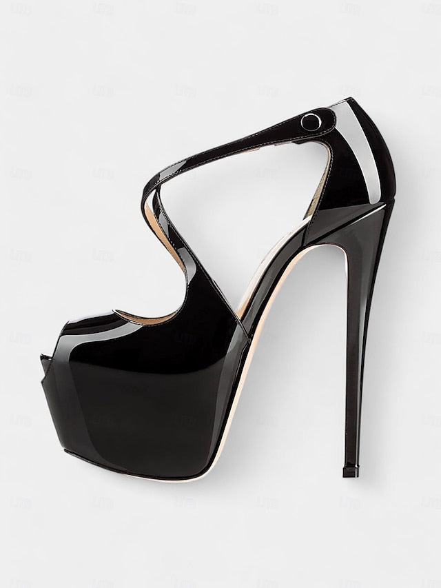 Red Leather Black Patent Heels Cross and Platform Stiletto with