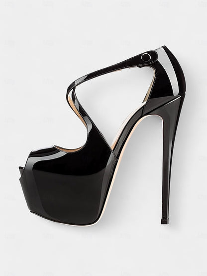 Red Leather Black Patent Heels Cross and Platform Stiletto with