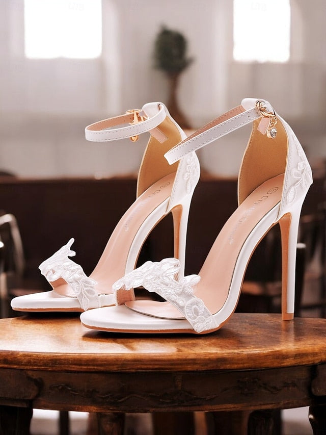 with Heels Lace Women's Stiletto Ankle Strap Wedding White