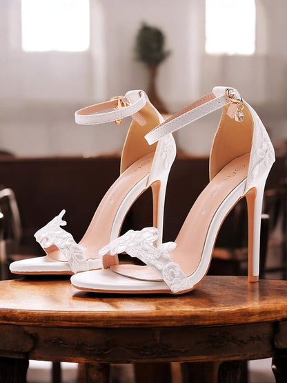 with Heels Lace Women's Stiletto Ankle Strap Wedding White